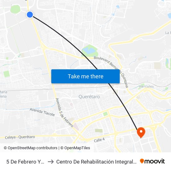 5 De Febrero Y Acceso IV to Centro De Rehabilitación Integral De Querétaro (Criq) map