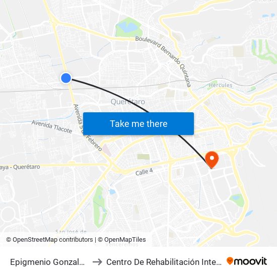Epigmenio Gonzalez Y 5 De Febrero to Centro De Rehabilitación Integral De Querétaro (Criq) map