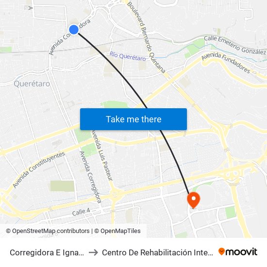 Corregidora E Ignacio López Rayón to Centro De Rehabilitación Integral De Querétaro (Criq) map