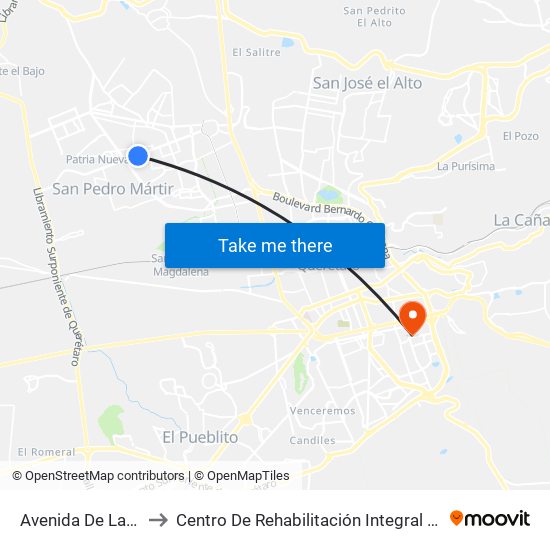 Avenida De La Luz 1323 to Centro De Rehabilitación Integral De Querétaro (Criq) map