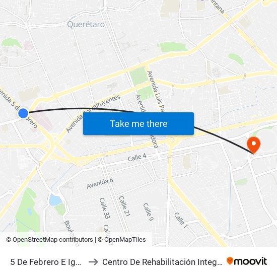 5 De Febrero E Ignacio Zaragoza to Centro De Rehabilitación Integral De Querétaro (Criq) map