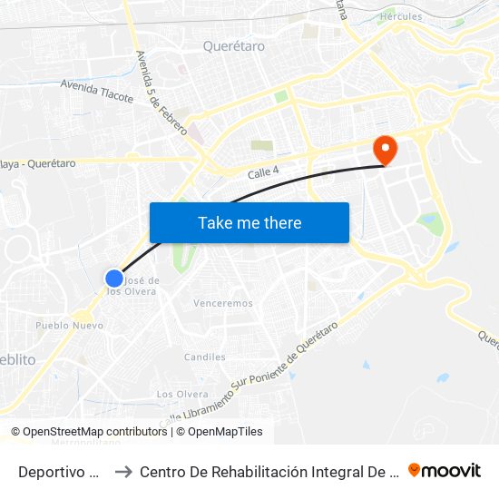 Deportivo Pte-Ote to Centro De Rehabilitación Integral De Querétaro (Criq) map