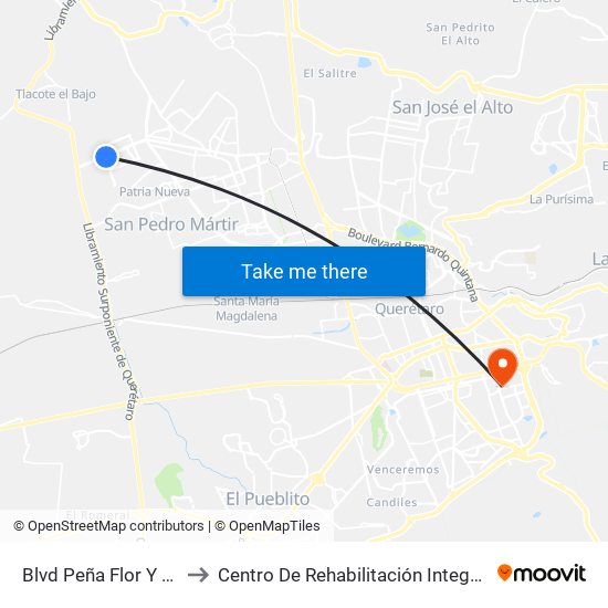 Blvd Peña Flor Y De La Cantera to Centro De Rehabilitación Integral De Querétaro (Criq) map