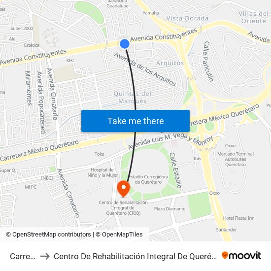 Carretas to Centro De Rehabilitación Integral De Querétaro (Criq) map