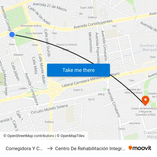 Corregidora Y Constituyentes to Centro De Rehabilitación Integral De Querétaro (Criq) map
