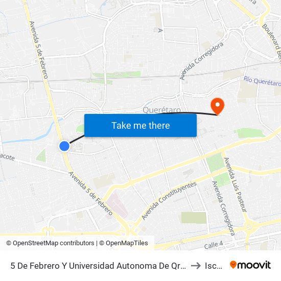 5 De Febrero Y Universidad Autonoma De Qro. to Iscca map