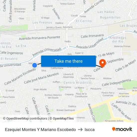 Ezequiel Montes - Mariano Escobedo to Iscca map