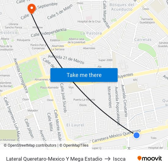 Lateral Queretaro-Mexico Y Mega Estadio to Iscca map