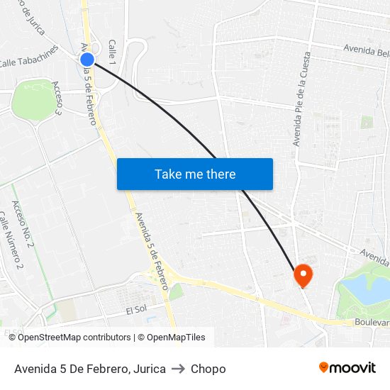 Avenida 5 De Febrero, Jurica to Chopo map