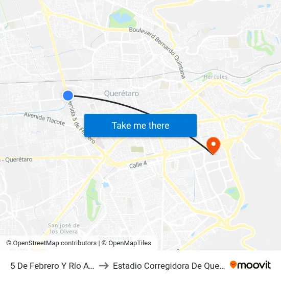 5 De Febrero Y Río Ayutla to Estadio Corregidora De Querétaro map