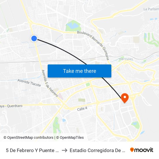 5 De Febrero Y Puente De Mabe to Estadio Corregidora De Querétaro map
