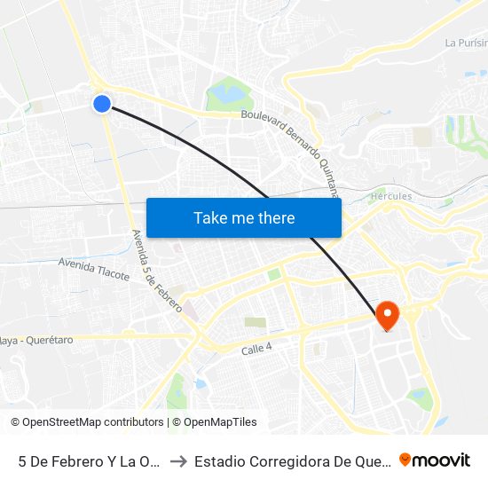 5 De Febrero Y La Obrera to Estadio Corregidora De Querétaro map