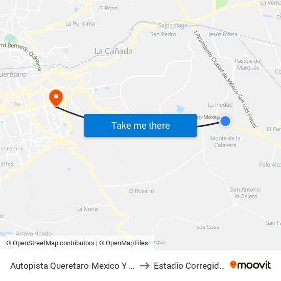 Autopista Queretaro-Mexico Y Parque Industrial El Marques to Estadio Corregidora De Querétaro map