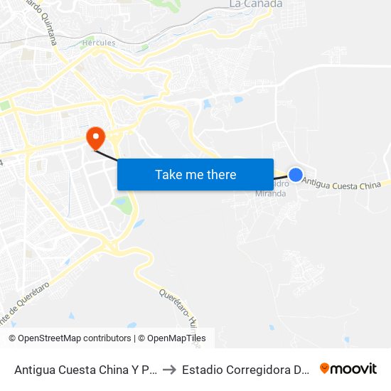 Antigua Cuesta China Y Puente Conin to Estadio Corregidora De Querétaro map