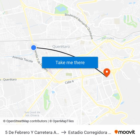 5 De Febrero Y Carretera Al Campo Militar to Estadio Corregidora De Querétaro map