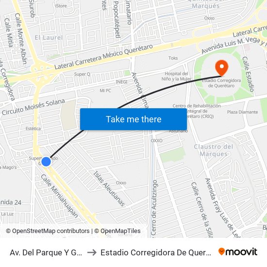 Av. Del Parque Y Garis to Estadio Corregidora De Querétaro map