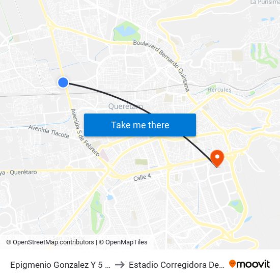 Epigmenio Gonzalez Y 5 De Febrero to Estadio Corregidora De Querétaro map
