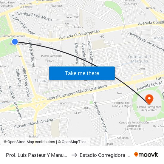 Prol. Luis Pasteur Y Manuel Gomez Morin to Estadio Corregidora De Querétaro map