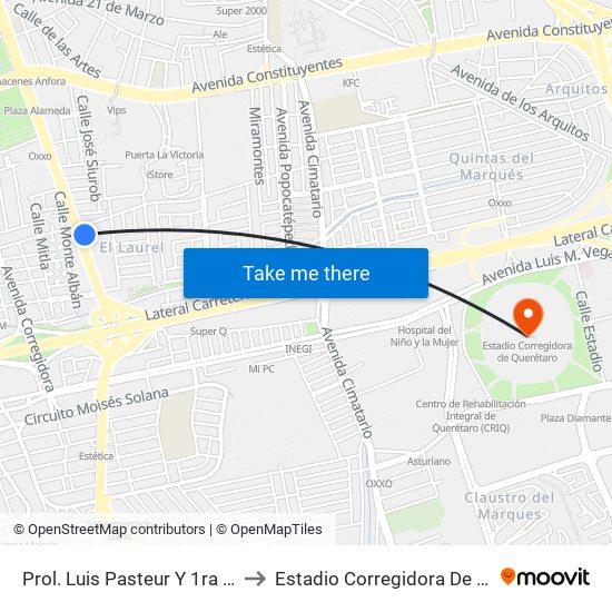 Prol. Luis Pasteur Y 1ra Del Laurel to Estadio Corregidora De Querétaro map