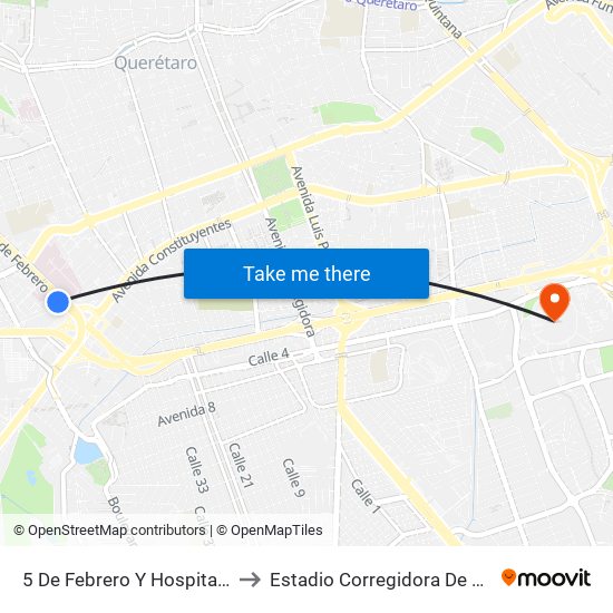 5 De Febrero Y Hospital General to Estadio Corregidora De Querétaro map