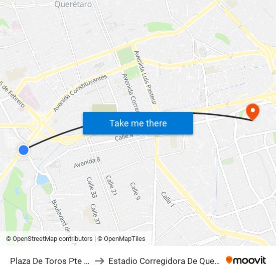 Plaza De Toros Pte - Ote to Estadio Corregidora De Querétaro map