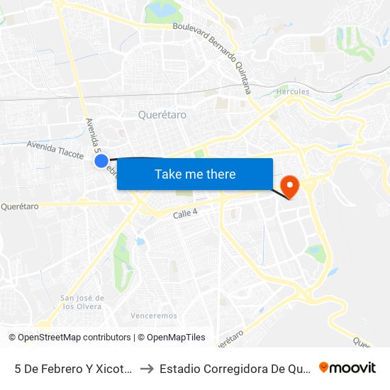 5 De Febrero Y Xicotencatl to Estadio Corregidora De Querétaro map
