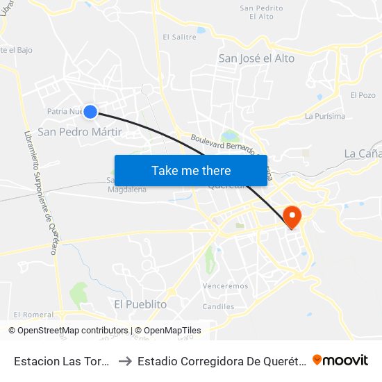 Estacion Las Torres to Estadio Corregidora De Querétaro map