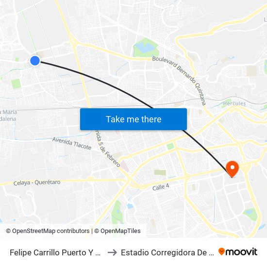 Felipe Carrillo Puerto Y Revolución to Estadio Corregidora De Querétaro map