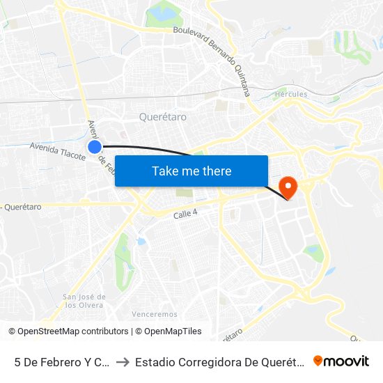 5 De Febrero Y Cea to Estadio Corregidora De Querétaro map