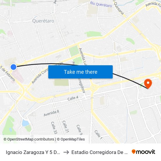 Ignacio Zaragoza Y 5 De Febrero to Estadio Corregidora De Querétaro map