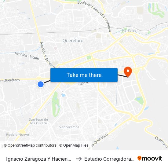 Ignacio Zaragoza Y Hacienda Chichimequillas to Estadio Corregidora De Querétaro map