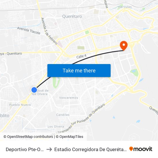 Deportivo Pte-Ote to Estadio Corregidora De Querétaro map