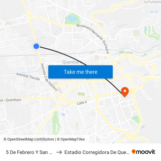 5 De Febrero Y San Diego to Estadio Corregidora De Querétaro map