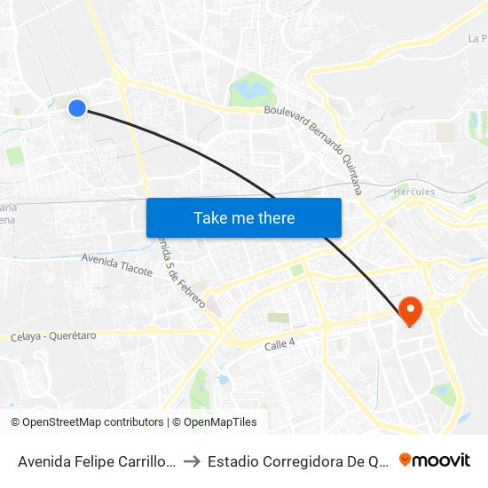 Avenida Felipe Carrillo Puerto to Estadio Corregidora De Querétaro map