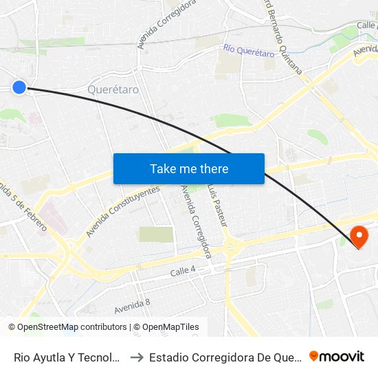 Rio Ayutla Y Tecnologico to Estadio Corregidora De Querétaro map