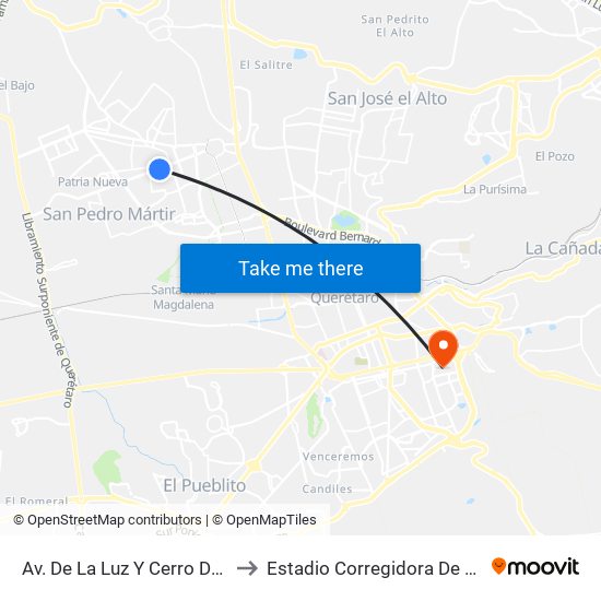 Av. De La Luz Y Cerro Del Capulín to Estadio Corregidora De Querétaro map