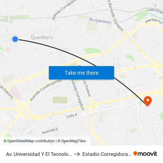 Av. Universidad Y El Tecnologico De Queretaro to Estadio Corregidora De Querétaro map