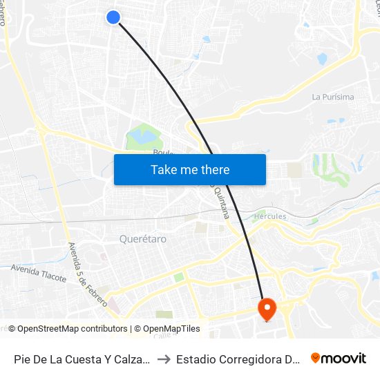 Pie De La Cuesta Y Calzada De Belen to Estadio Corregidora De Querétaro map