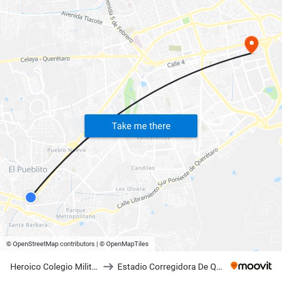 Heroico Colegio Militar, 86b to Estadio Corregidora De Querétaro map