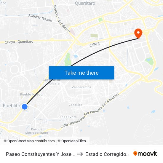 Paseo Constituyentes Y Josefa Ortiz De Dominguez to Estadio Corregidora De Querétaro map