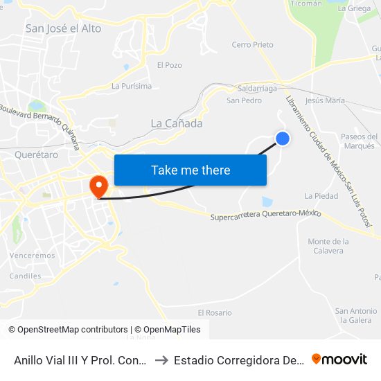 Anillo Vial III Y Prol. Constituyentes to Estadio Corregidora De Querétaro map