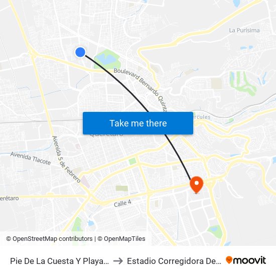 Pie De La Cuesta Y Playa Mocambo to Estadio Corregidora De Querétaro map