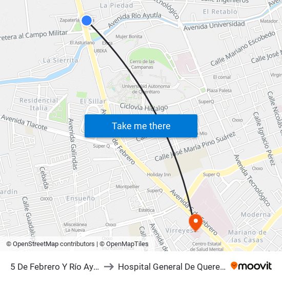 5 De Febrero Y Río Ayutla to Hospital General De Queretaro map