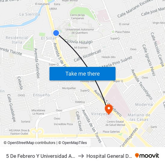 5 De Febrero Y Universidad Autonoma De Qro. to Hospital General De Queretaro map