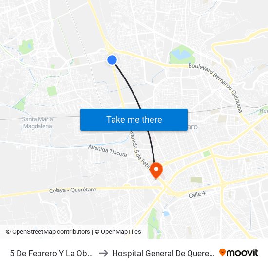 5 De Febrero Y La Obrera to Hospital General De Queretaro map