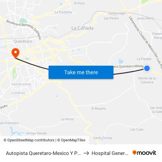 Autopista Queretaro-Mexico Y Parque Industrial El Marques to Hospital General De Queretaro map