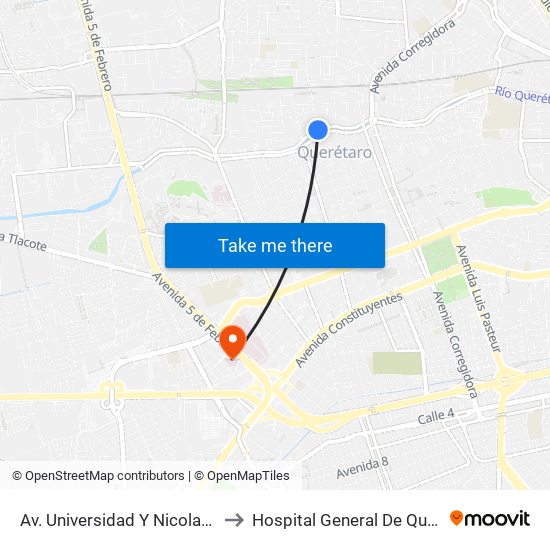 Av. Universidad Y Nicolas Bravo to Hospital General De Queretaro map