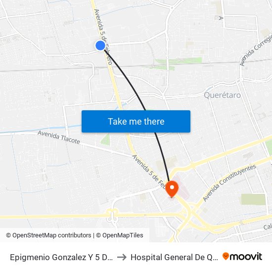 Epigmenio Gonzalez Y 5 De Febrero to Hospital General De Queretaro map