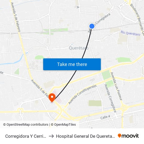 Corregidora Y Cerrito to Hospital General De Queretaro map