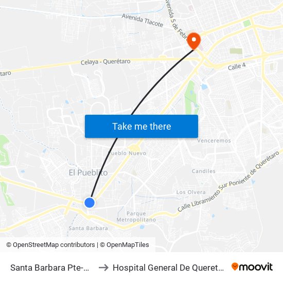 Santa Barbara Pte-Ote to Hospital General De Queretaro map